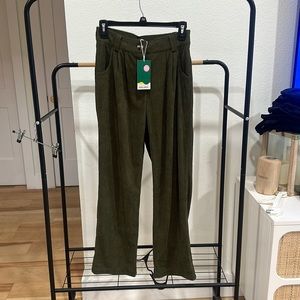Halara - Mid Rise Button Zipper Side Pocket Corduroy Casual Pants Green/XS